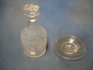 A cut glass decanter and stopper together with 4 circular cut glass ice plates