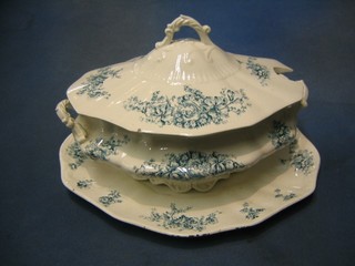 A Victorian Allertons blue and white pottery tureen and cover with matching stand (chip to rim)