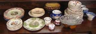A large Limoges cup and saucer, a Victorian 1887 pressed glass bowl, 1 other pressed glass bowl, a coaching days pottery bowl, a rectangular pottery bowl, a Copeland 4 section dish, a Derby style tea service, various plates etc, etc, etc, 