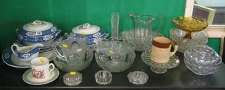 A Lotus ware blue and white banded tea service, a Bourne Derby salt glazed harvestware tankard and a collection of glass bowls, vases etc