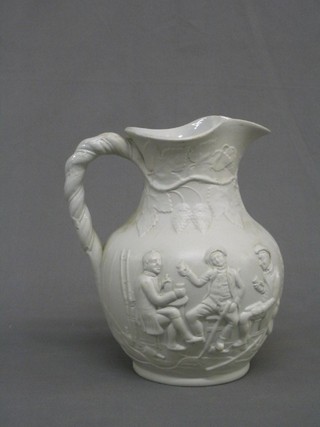 A 19th Century white glazed jug decorated tavern scene with figures 10"