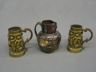 A salt glazed pottery harvest jug 8" (f) and 2 plaster jugs tankards decorated feasting scenes 7 1/2"