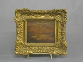 A 19th Century oil painting board "Fishing Boats at Dusk" 4" x 5"