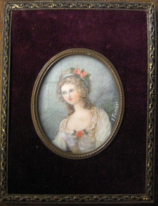 I Ferrari, portrait miniature on ivory "Young Lady" 3"