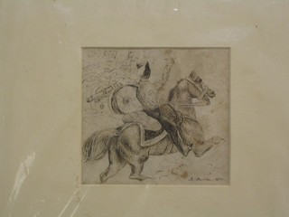 Buton? pencil drawing "Charging Cavalryman with Canons" 4" x 5"