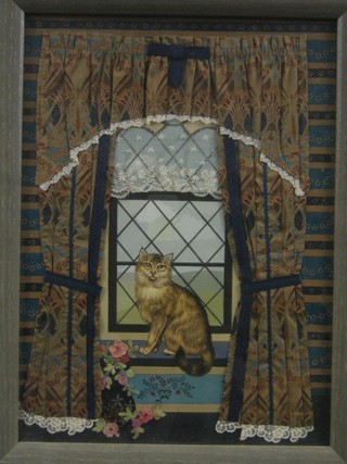 Janice Thomson, oil painting and collage "Cat Sitting in a Window - Marmaduke" 8" x 11"