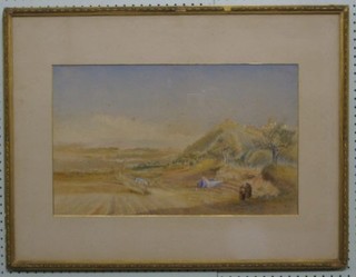 A Victorian watercolour drawing "Continental Scene with Hill Top Monastery, Figures Driving Sheep on a Track" monogrammed NK, dated 1864 13" x 21"