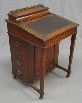 A late Victorian inlaid mahogany Davenport with stationery box to the back and pierced brass three-quarter gallery, inset a tooled leather writing surface, the pedestal fitted 4 long drawers and raised on square tapering supports 21"