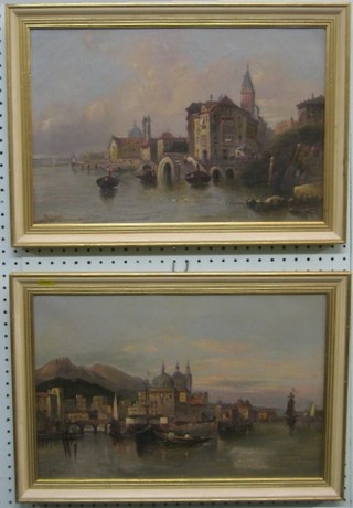 M Rissia, a pair of 19th Century oil paintings on canvas "Venetian Scene with Gondolas and Buildings" 12" x 17"