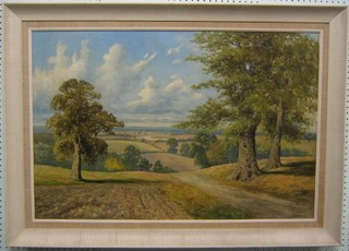 David Mead, oil painting on board "Downland Scene with River in Distance" (Arundel?) 24" x 36"