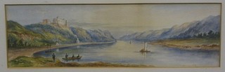 19th Century watercolour "Rhine Scene with Figures" the reverse with label "The Rhine Scene a copy by Miss Mary Johnstone" 4" x 13"