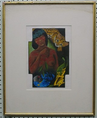 Martin Jordan, modern art, oil on paper, "Native Lady with Leopard, Parrot and Frog" 10" x 6"