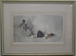 A coloured print after Sir William Russell Flint "Reclining Girl and a Standing Girl" with blind fret work proof mark to the margin, 13" x 21"