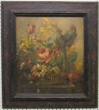 W G Williams, 19th/20th Century oil painting on board, still life study "Two Birds Within Basket of Flowers" 15" x 13" contained in a decorative painted frame