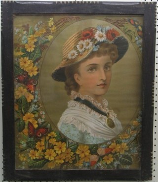 A Victorian coloured print "Bonnetted Lady" 14" oval dated 1884 contained in a carved oak frame