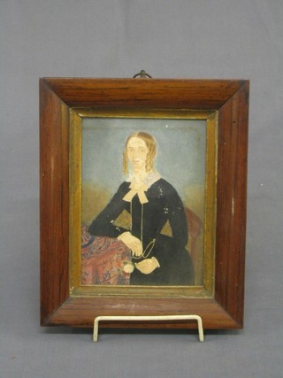 A Victorian full length portrait "Standing Governess" 6" x 5" contained in a rosewood frame