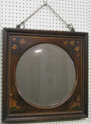 A circular bevelled plate wall mirror contained in an oak chinoiserie style frame 19"