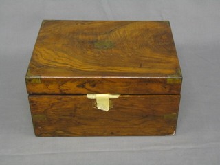 A Victorian figured walnut writing slope with brass banding 12" (crack to top)