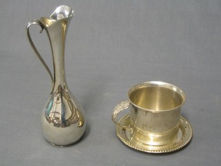 A modern circular silver dish 3", a Sterling christening tankard 2" and a Danish "silver" vase 6"