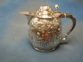 A handsome Victorian silver plated jug embossed Oriental figures with hinged lid and ivory thumb piece, by Elkingtons, the base marked 7614