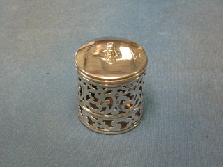 A Victorian cylindrical pierced silver jar and cover, London 1898 2 ozs