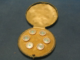 A set of 6 gold mother of pearl and turquoise dress studs, cased