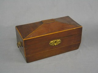 A 19th Century mahogany twin compartment tea caddy of sarcophagus form with brass ring drop handles, complete with original mixing bowl, 12"