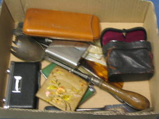 A silver plated hip flask, 3 pairs of opera glasses and a small collection of flatware and a leather cigar case