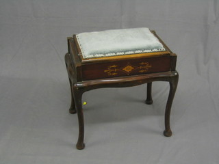 An Edwardian inlaid mahogany box seat piano stool raised on cabriole supports 19"