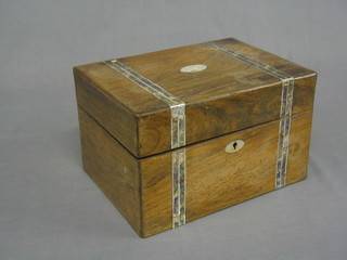 A Victorian rectangular rosewood trinket box with mother of pearl banding, the base fitted a secret drawer, 11" 