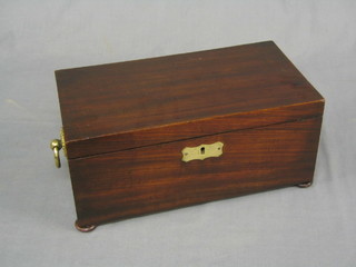 A 19th Century rectangular mahogany twin compartment tea caddy with hinged lid and brass drop handles, the interior fitted a replacement mixing bowl and 2 caddies, raised on bun feet 13"