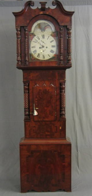 An 18th/19th Century 8 day striking North Country longcase clock the 14" arch shaped dial decorated biblical scenes and  with phases of the moon, minute indicator and subsidiary dial (hour hand f), contained in a mahogany case 93", complete with weights and pendulum 
