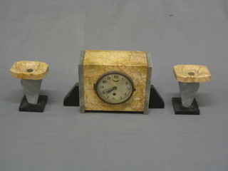 A 1930's French pink and grey marble clock garniture with mantel clock and 2 side pieces
