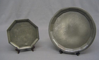 An octagonal planished pewter tray 9" and a circular do. 13"