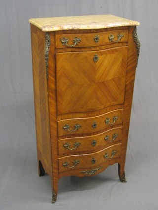 A 20th Century French Kingwood escritoire of serpentine outline, with pink veined marble top, fitted 1 long drawer above a fall front revealing a fitted interior, the base fitted 3 short drawers raised on splayed feet, 28"