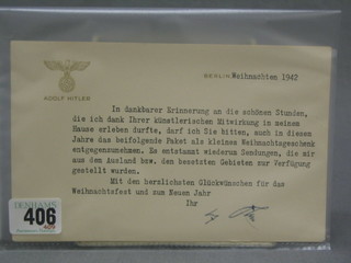 2 Nazi compliment cards embossed Adolf Hitler with German Eagle Berlin 1942