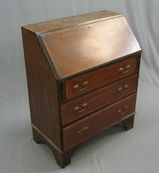 An Edwardian inlaid mahogany bureau, the fall front with crossbanding and ebony and satinwood stringing, inlaid a shell to the centre above 3 long drawers, raised on bracket feet 30"