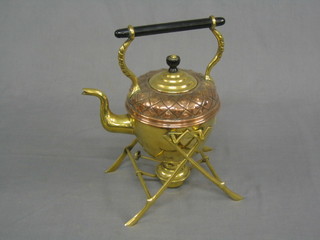 A copper tea kettle on brass stand complete with spirit burner