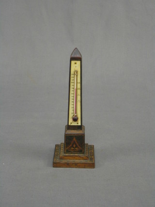 A Victorian thermometer mounted on a Tunbridge ware obelisk 7"