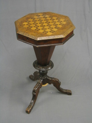 A Victorian figured walnutwood work box of conical form, the lid inlaid and chessboard, raised on a tripod base 70" (base requires some attention)
