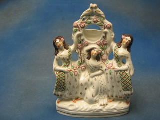 A 19th Century flat back Staffordshire figure watch holder in the form of 3 Scots lasses 11"
