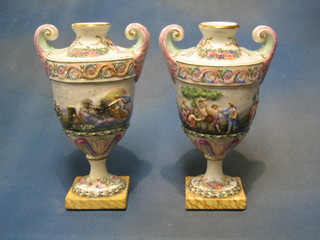 A pair of Capo di Monte porcelain twin handled vases decorated classical scenes, raised on square feet 10" (1 heavily restored) 