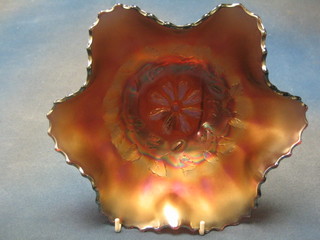 An American Cosmos Dariant Carnival glass bowl with wild flower decoration 9 1/2"