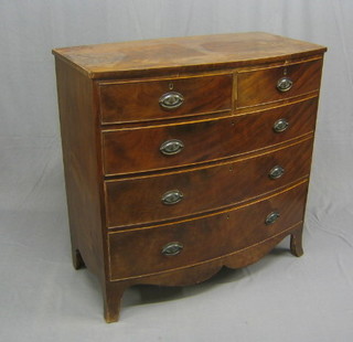 A 19th Century mahogany bow front chest of 2 short and 3 long drawers, raised on splayed bracket feet 41"