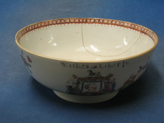 A fine quality 18th Century Canton famille rose export porcelain bowl with armorial decoration marked Wilkes & Liberty 10" (f and r)