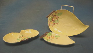 A Carltonware Australian pattern twin section dish 7 1/2" (cracked), do. leaf shaped dish 7" and 1 other 10"