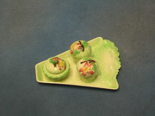 A Carltonware leaf pattern 4 piece condiment with tray, salt, pepper and mustard pot (pot with chip to base)