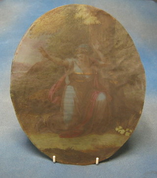 An 18th Century oval glass painted panel depicting a lady beneath a tree 12 1/2"