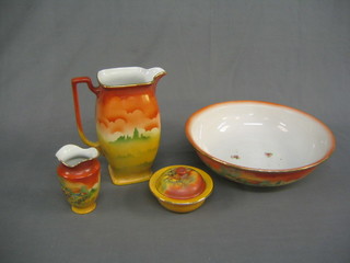 A 1930's 4 piece pottery jug and bowl set with washbowl, jug, tooth brush pot and soap bowl, decorated scenes of the old country