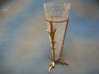 A circular crackle glass cone shaped vase raised on a gilt stand 12" 